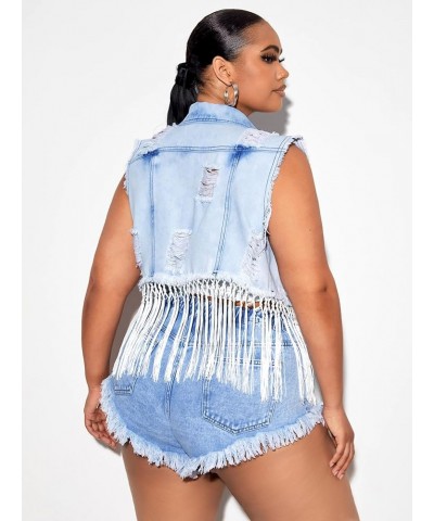 Women's Plus Size Button Front Sleeveless Fringe Hem Ripped Denim Jacket Outerwear Light Wash $22.79 Jackets