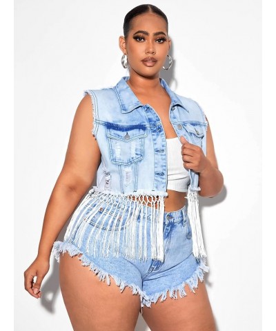 Women's Plus Size Button Front Sleeveless Fringe Hem Ripped Denim Jacket Outerwear Light Wash $22.79 Jackets