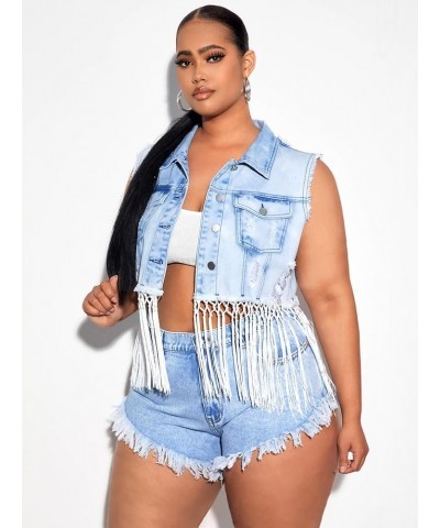 Women's Plus Size Button Front Sleeveless Fringe Hem Ripped Denim Jacket Outerwear Light Wash $22.79 Jackets