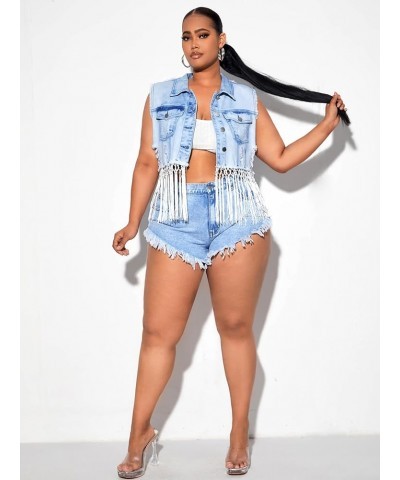 Women's Plus Size Button Front Sleeveless Fringe Hem Ripped Denim Jacket Outerwear Light Wash $22.79 Jackets