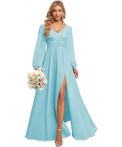 Women's Chiffon Long Sleeve Bridesmaid Dresses V Neck A-line Long Formal Gowns with Slit QA083 Sky Blue $23.22 Dresses