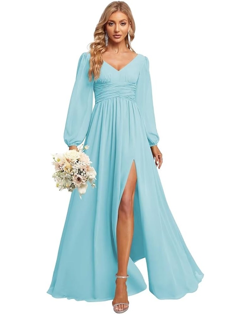 Women's Chiffon Long Sleeve Bridesmaid Dresses V Neck A-line Long Formal Gowns with Slit QA083 Sky Blue $23.22 Dresses