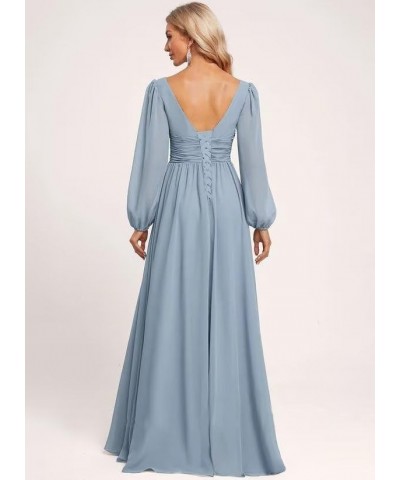 Women's Chiffon Long Sleeve Bridesmaid Dresses V Neck A-line Long Formal Gowns with Slit QA083 Sky Blue $23.22 Dresses