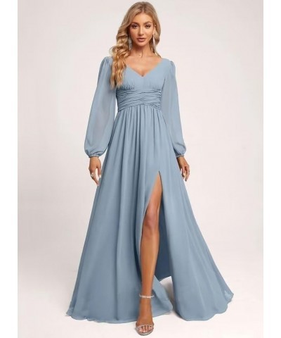 Women's Chiffon Long Sleeve Bridesmaid Dresses V Neck A-line Long Formal Gowns with Slit QA083 Sky Blue $23.22 Dresses