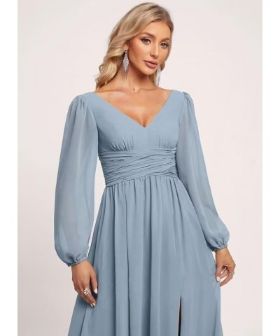 Women's Chiffon Long Sleeve Bridesmaid Dresses V Neck A-line Long Formal Gowns with Slit QA083 Sky Blue $23.22 Dresses