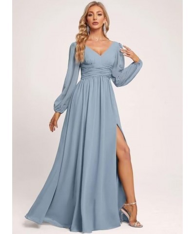 Women's Chiffon Long Sleeve Bridesmaid Dresses V Neck A-line Long Formal Gowns with Slit QA083 Sky Blue $23.22 Dresses