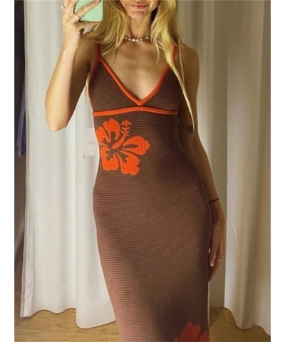 Women Y2K Print Knit Bodycon Dress Sexy Sleeveless Halter Neck Long Dress Hollow Out Summer Party Club Streetwear A2 Brown Fl...