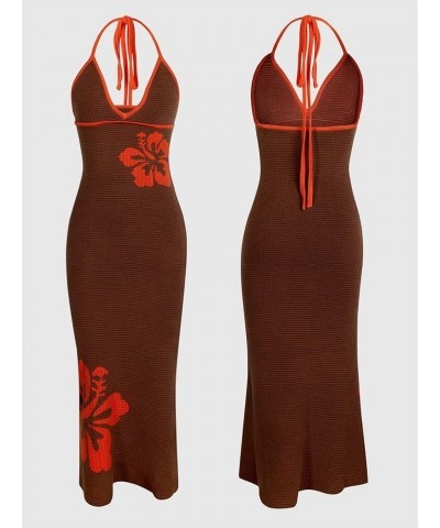 Women Y2K Print Knit Bodycon Dress Sexy Sleeveless Halter Neck Long Dress Hollow Out Summer Party Club Streetwear A2 Brown Fl...