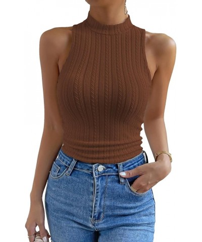 Women's Casual Mock Neck Sleeveless Ribbed Knit Solid Vest Tank Tops Brown $9.84 Tanks