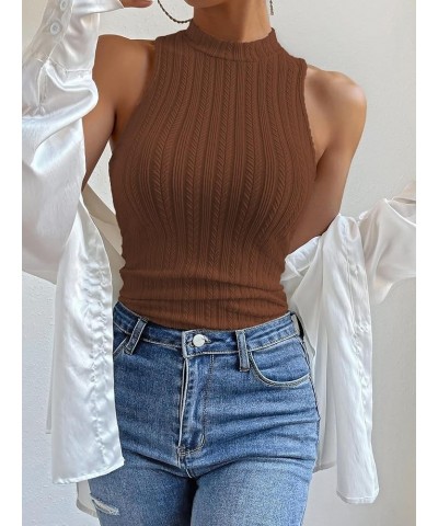 Women's Casual Mock Neck Sleeveless Ribbed Knit Solid Vest Tank Tops Brown $9.84 Tanks