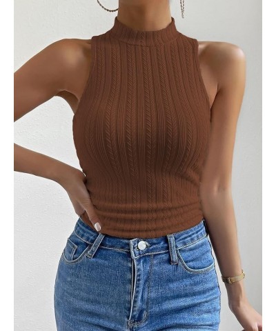 Women's Casual Mock Neck Sleeveless Ribbed Knit Solid Vest Tank Tops Brown $9.84 Tanks