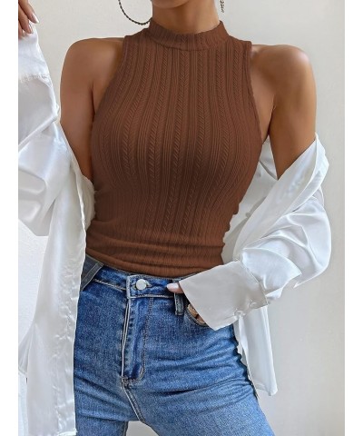 Women's Casual Mock Neck Sleeveless Ribbed Knit Solid Vest Tank Tops Brown $9.84 Tanks