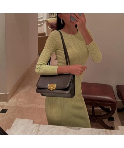 Women Ribbed Knit Long Sleeve Maxi Dress Slim Fit Solid Color Bodycon Pencil Long Dress Casual Fall Winter Clothes F Green $1...