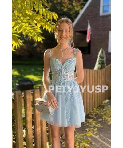 Tulle Homecoming Dresses for Teens 2023 Spaghetti Strap Lace Applique Short Prom Dress Mini Cocktail Gown Teal $30.74 Dresses