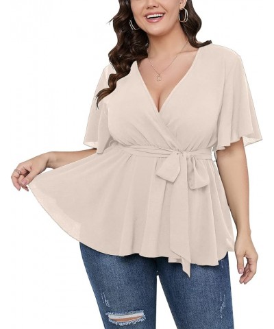 Women's Plus Size Short Sleeve V Neck Wrap Belted Ruffle Peplum Blouse Tops Nude $18.71 Blouses