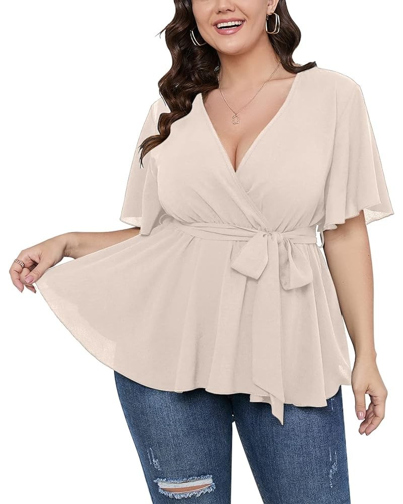 Women's Plus Size Short Sleeve V Neck Wrap Belted Ruffle Peplum Blouse Tops Nude $18.71 Blouses