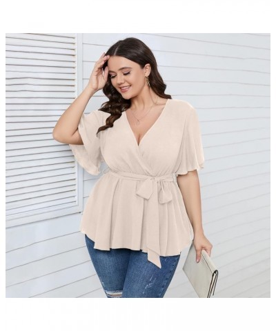 Women's Plus Size Short Sleeve V Neck Wrap Belted Ruffle Peplum Blouse Tops Nude $18.71 Blouses