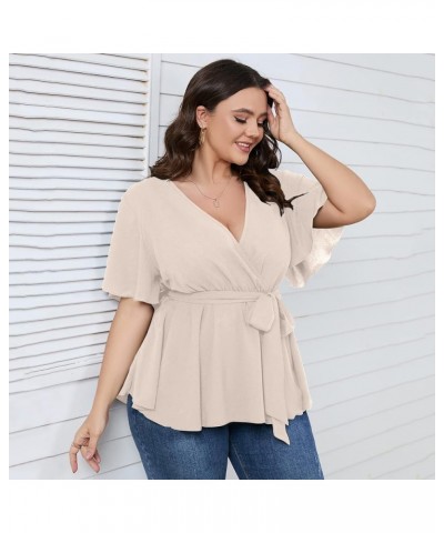 Women's Plus Size Short Sleeve V Neck Wrap Belted Ruffle Peplum Blouse Tops Nude $18.71 Blouses