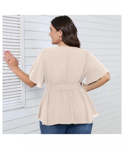 Women's Plus Size Short Sleeve V Neck Wrap Belted Ruffle Peplum Blouse Tops Nude $18.71 Blouses