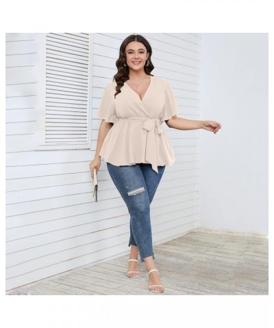 Women's Plus Size Short Sleeve V Neck Wrap Belted Ruffle Peplum Blouse Tops Nude $18.71 Blouses