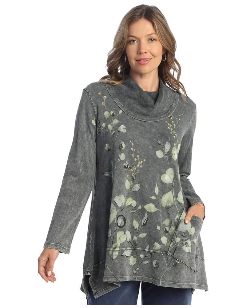 Abstract Print Mineral Washed Jersey Knit Tunic - M74 Kelly Charcoal $39.07 Tops