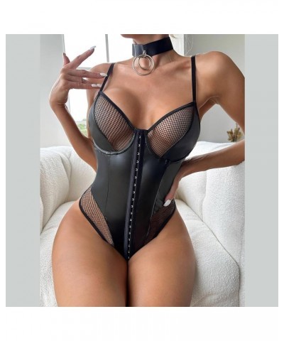 Pu Leather Lingerie Black Snap Crotch Bodysuit One Piece Leotard Halter Body Suit Top Valentines Day Lingerie Negligee Z24011...