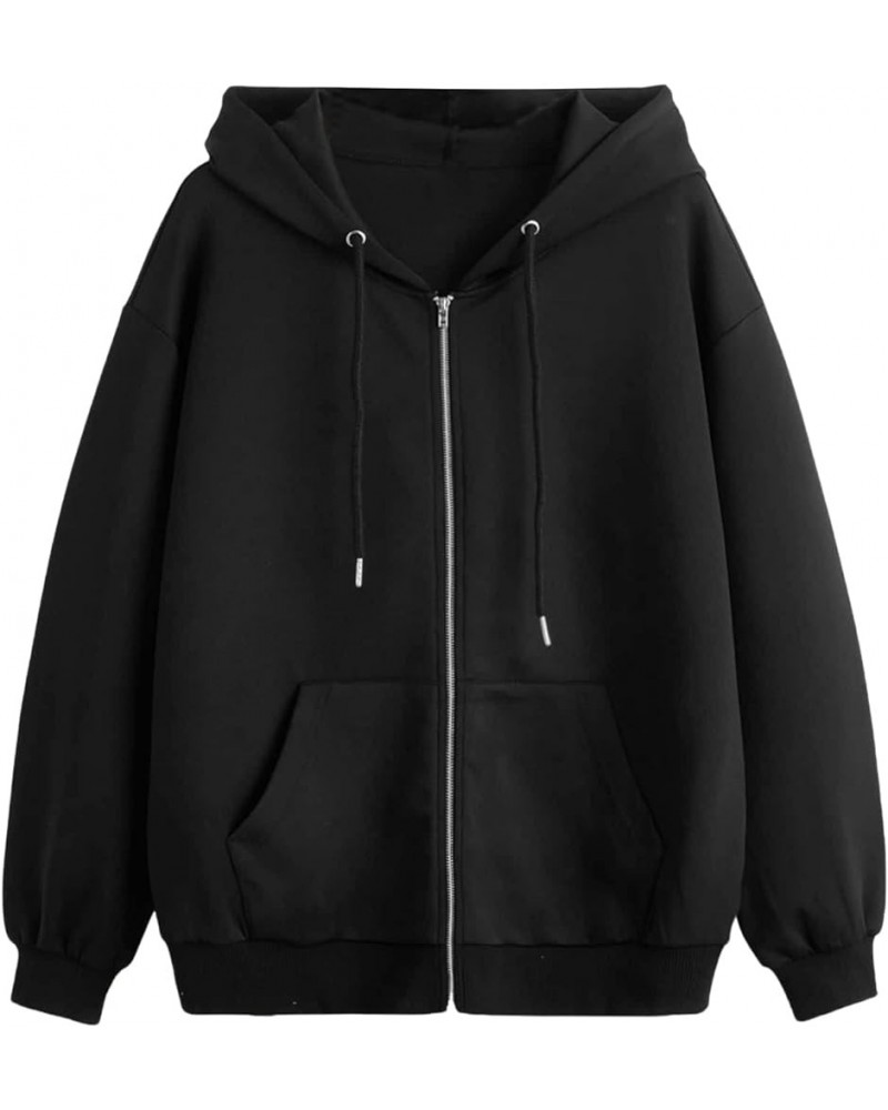 Women's Zip Front Drawstring Hoodie Pullover Long Sleeve Casual Sweatshirt Top Solid Black Pocket a $13.44 Hoodies & Sweatshirts