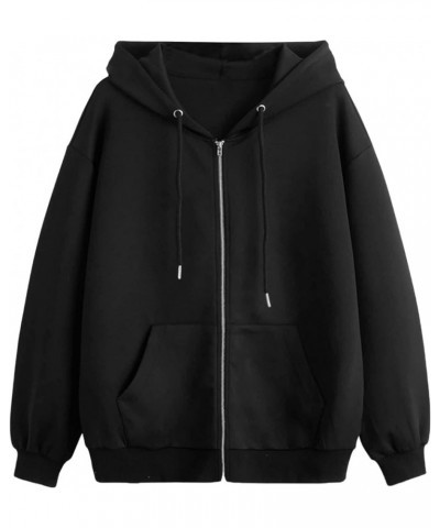 Women's Zip Front Drawstring Hoodie Pullover Long Sleeve Casual Sweatshirt Top Solid Black Pocket a $13.44 Hoodies & Sweatshirts