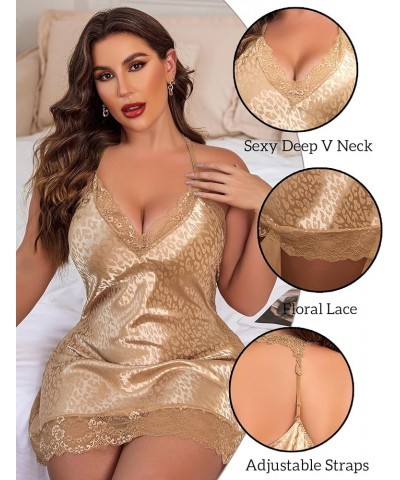 Women Lingerie Plus Size Satin Lace Chemise Nightgown Sexy Full Slips Sleepwear L-4XL Apricot Leopard $11.50 Sleep & Lounge