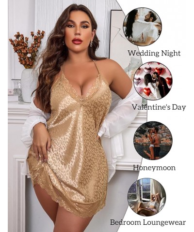 Women Lingerie Plus Size Satin Lace Chemise Nightgown Sexy Full Slips Sleepwear L-4XL Apricot Leopard $11.50 Sleep & Lounge