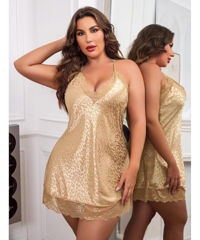 Women Lingerie Plus Size Satin Lace Chemise Nightgown Sexy Full Slips Sleepwear L-4XL Apricot Leopard $11.50 Sleep & Lounge