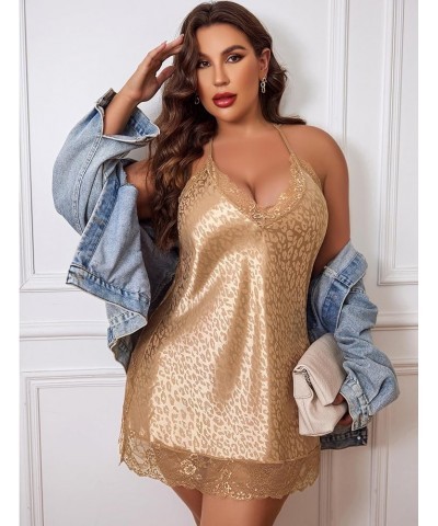 Women Lingerie Plus Size Satin Lace Chemise Nightgown Sexy Full Slips Sleepwear L-4XL Apricot Leopard $11.50 Sleep & Lounge