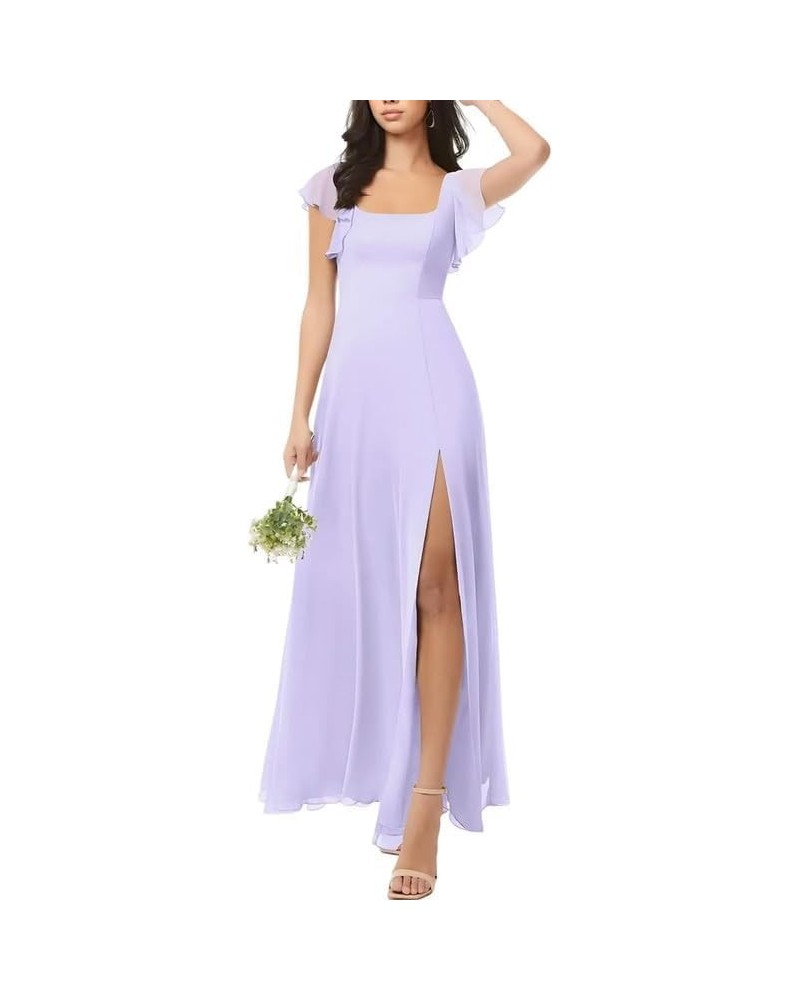 Bridesmaid Dresses Short Sleeve Chiffon Wedding Guest Dress Long Slit Formal Party Dress Lilac Purple $23.84 Dresses