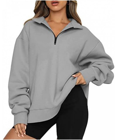 Women Sweatshirts with Zipper Oversized Lapel Collar Quarter Zip Pullover rendy Fall Clothes Cute Sweatshirts Grey $6.74 Hood...