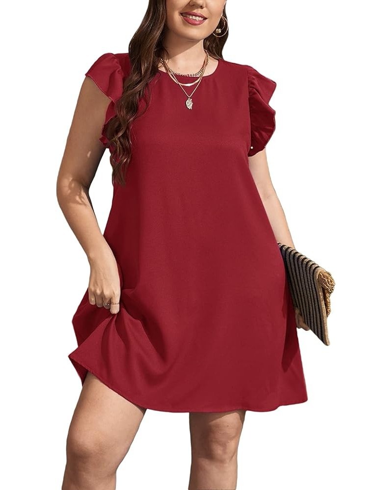 Plus Size Summer Casual Dress Ruffle Cap Sleeve Round Neck Solid Color Loose Midi Tunic Dresses Solid Burgundy $14.00 Dresses