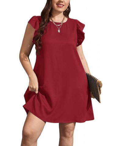 Plus Size Summer Casual Dress Ruffle Cap Sleeve Round Neck Solid Color Loose Midi Tunic Dresses Solid Burgundy $14.00 Dresses