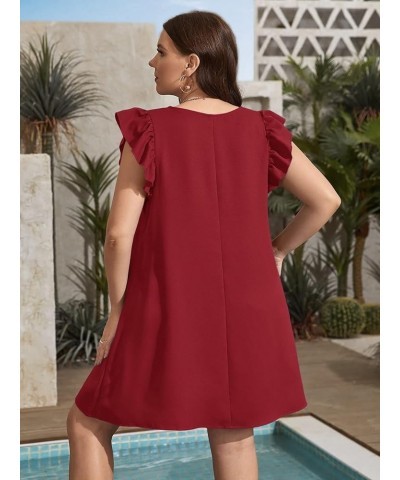 Plus Size Summer Casual Dress Ruffle Cap Sleeve Round Neck Solid Color Loose Midi Tunic Dresses Solid Burgundy $14.00 Dresses