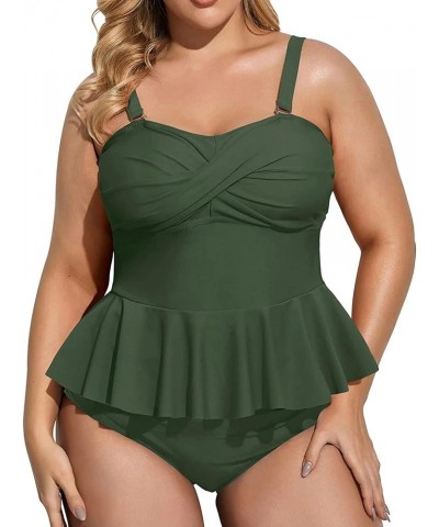 Women Two Piece Plus Size Swimsuit with Bottom Peplum Tankini High Waisted Tummy Control Bathing Suit Army Green $13.86 Swims...