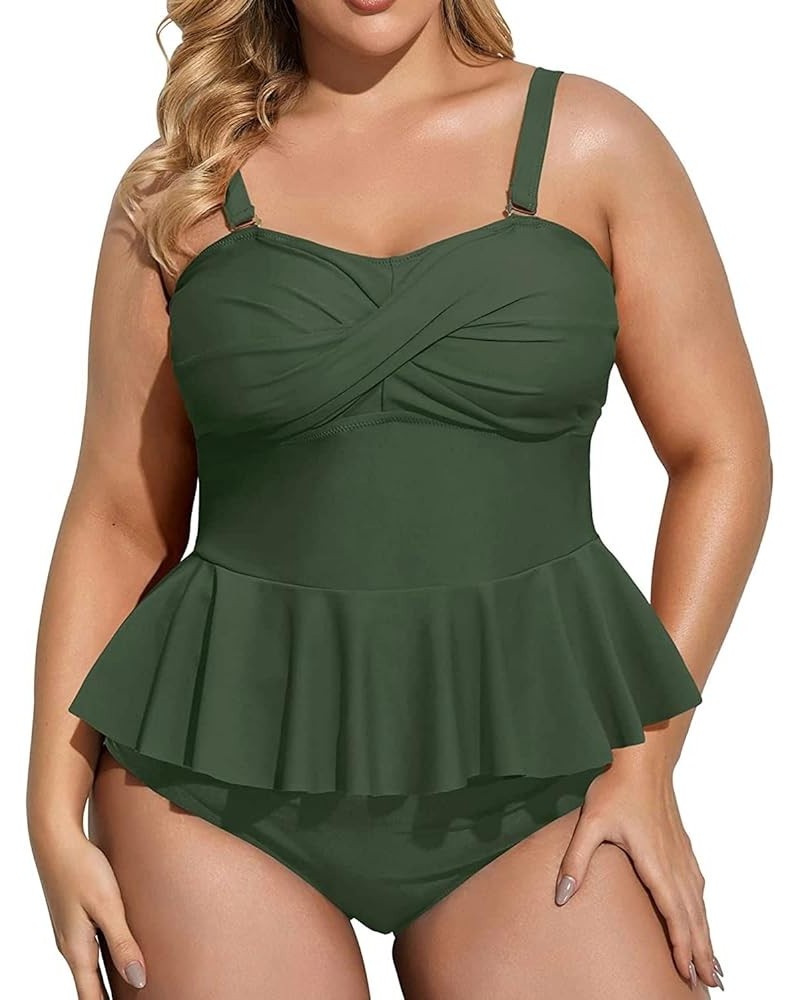 Women Two Piece Plus Size Swimsuit with Bottom Peplum Tankini High Waisted Tummy Control Bathing Suit Army Green $13.86 Swims...