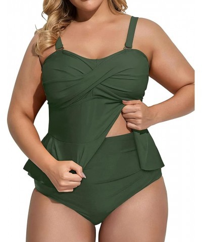 Women Two Piece Plus Size Swimsuit with Bottom Peplum Tankini High Waisted Tummy Control Bathing Suit Army Green $13.86 Swims...