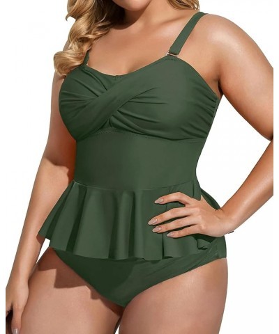 Women Two Piece Plus Size Swimsuit with Bottom Peplum Tankini High Waisted Tummy Control Bathing Suit Army Green $13.86 Swims...