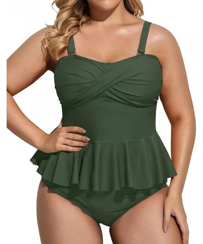 Women Two Piece Plus Size Swimsuit with Bottom Peplum Tankini High Waisted Tummy Control Bathing Suit Army Green $13.86 Swims...