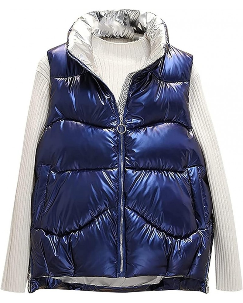 Winter Women's Metallic Quilted Vest, Fashion Zipper Stand Collar Sleeveless Down Jacket Glossy Puffer Coat Warm Gilet 02_blu...