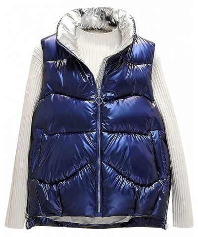 Winter Women's Metallic Quilted Vest, Fashion Zipper Stand Collar Sleeveless Down Jacket Glossy Puffer Coat Warm Gilet 02_blu...