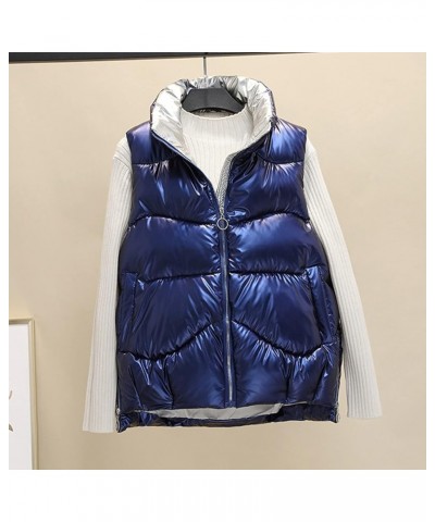 Winter Women's Metallic Quilted Vest, Fashion Zipper Stand Collar Sleeveless Down Jacket Glossy Puffer Coat Warm Gilet 02_blu...