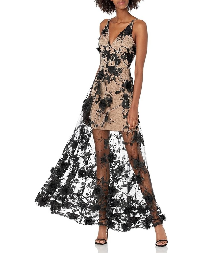 Women's Embellished Plunging Gown Sleeveless Floral Long Dress Black/Nude Sidney $124.22 Dresses