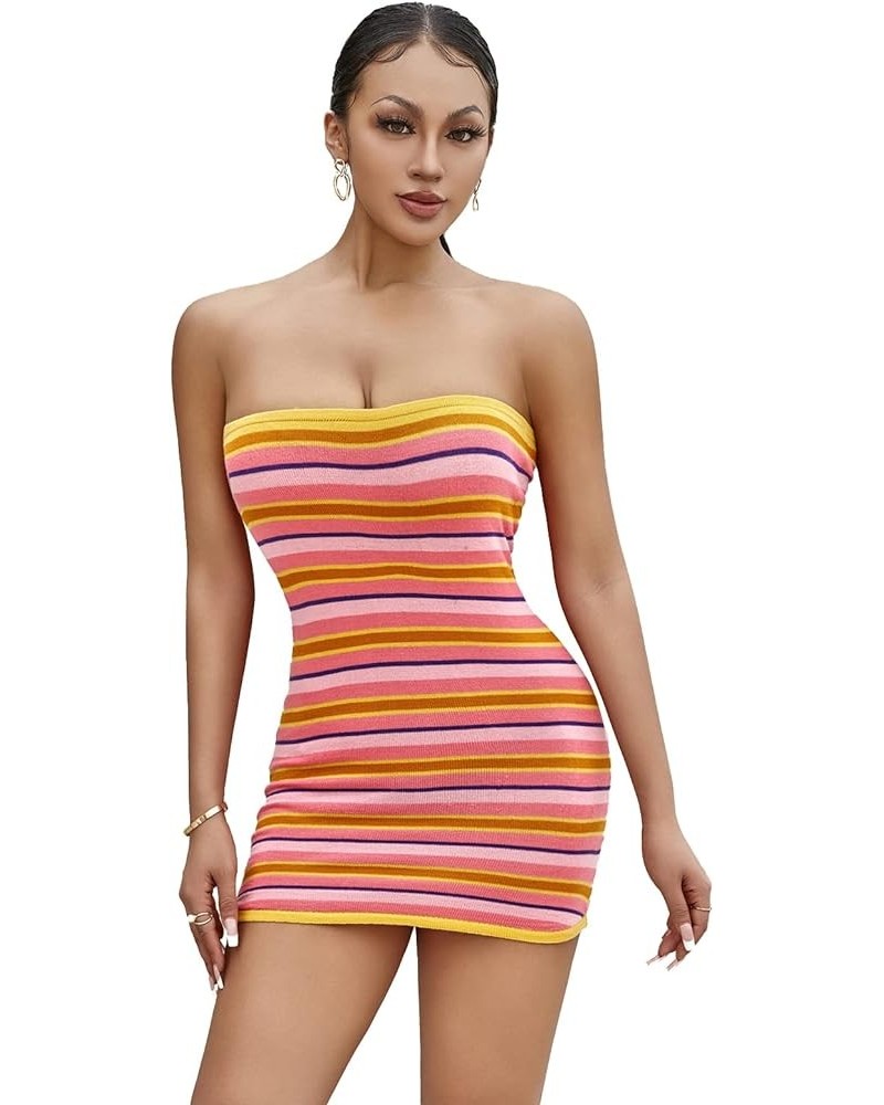 Women Knitted Strapless Mini Dress Striped Tube Bodycon Mini Dress Sexy Backless Beach Short Dress Summer Sundress Rose Red3 ...