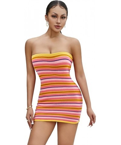 Women Knitted Strapless Mini Dress Striped Tube Bodycon Mini Dress Sexy Backless Beach Short Dress Summer Sundress Rose Red3 ...