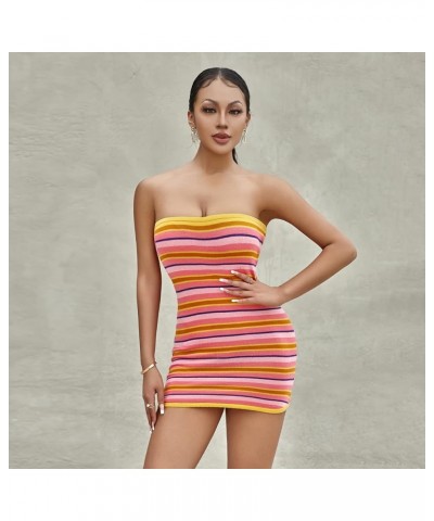 Women Knitted Strapless Mini Dress Striped Tube Bodycon Mini Dress Sexy Backless Beach Short Dress Summer Sundress Rose Red3 ...