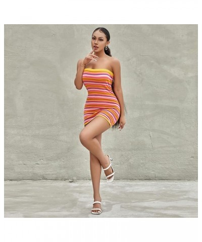 Women Knitted Strapless Mini Dress Striped Tube Bodycon Mini Dress Sexy Backless Beach Short Dress Summer Sundress Rose Red3 ...